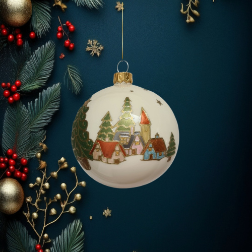 Christbaumkugel weiß mit Dorf