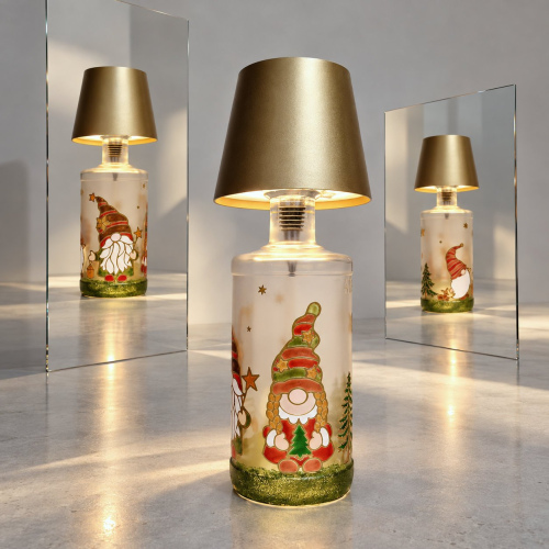Flaschenlampe mit Wichteln in Gold