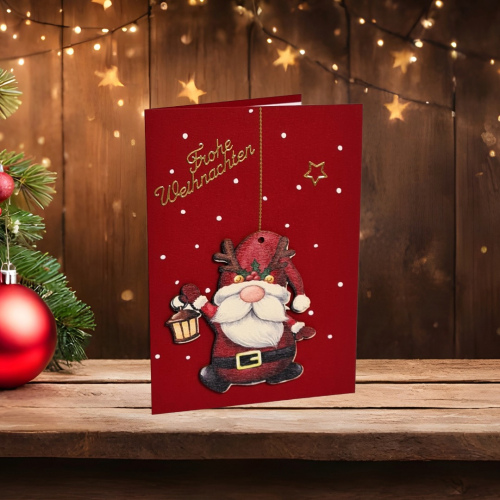 Weihnachtskarte mit Anhänger "Wichtel mit Laterne"