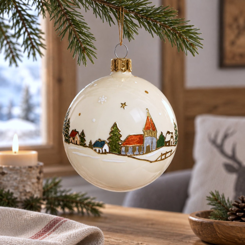 Christbaumkugel Weiß mit kleinem Dorf